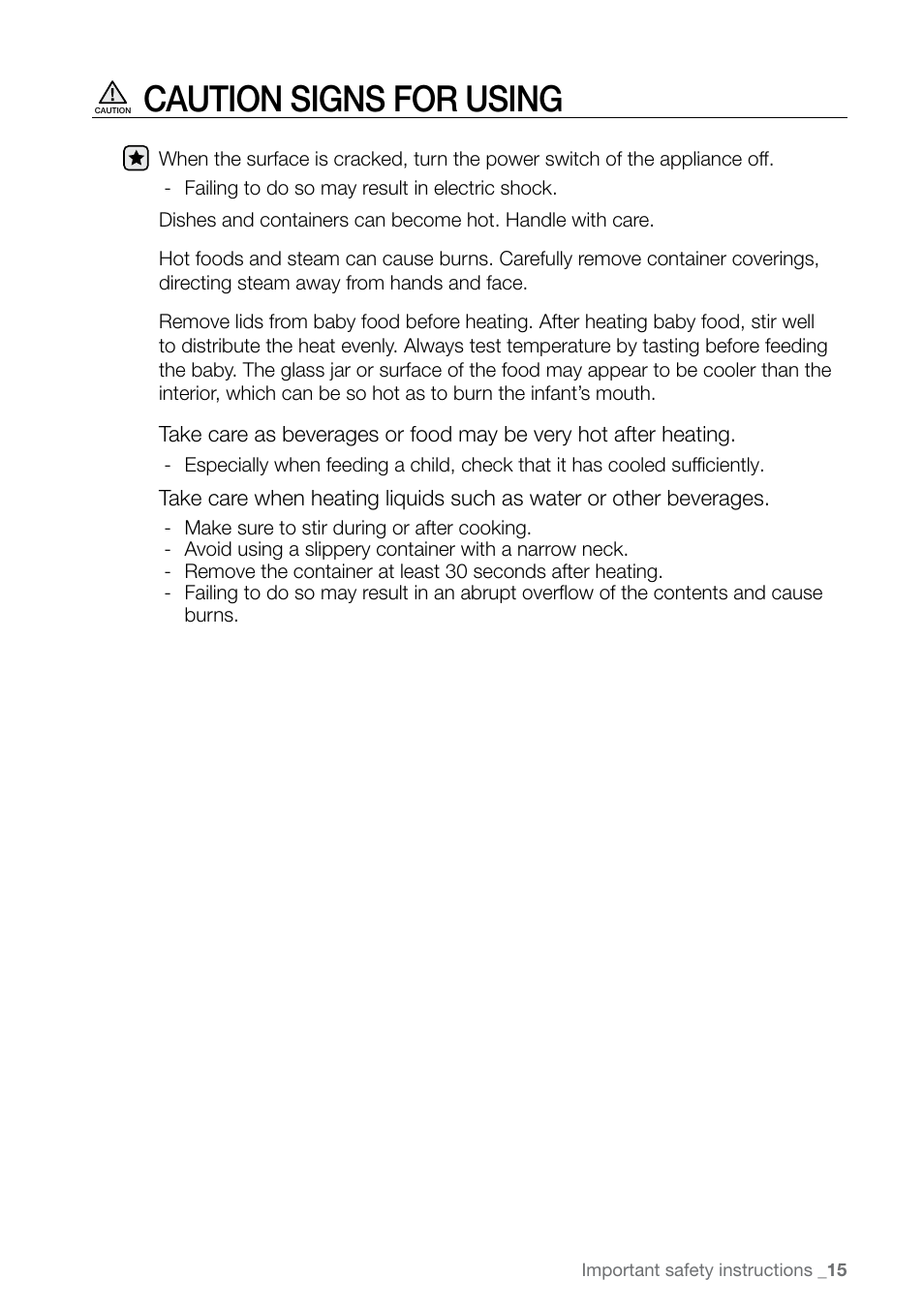 Caution signs for using | Samsung FE-N300WX-XAA User Manual | Page 15 / 72