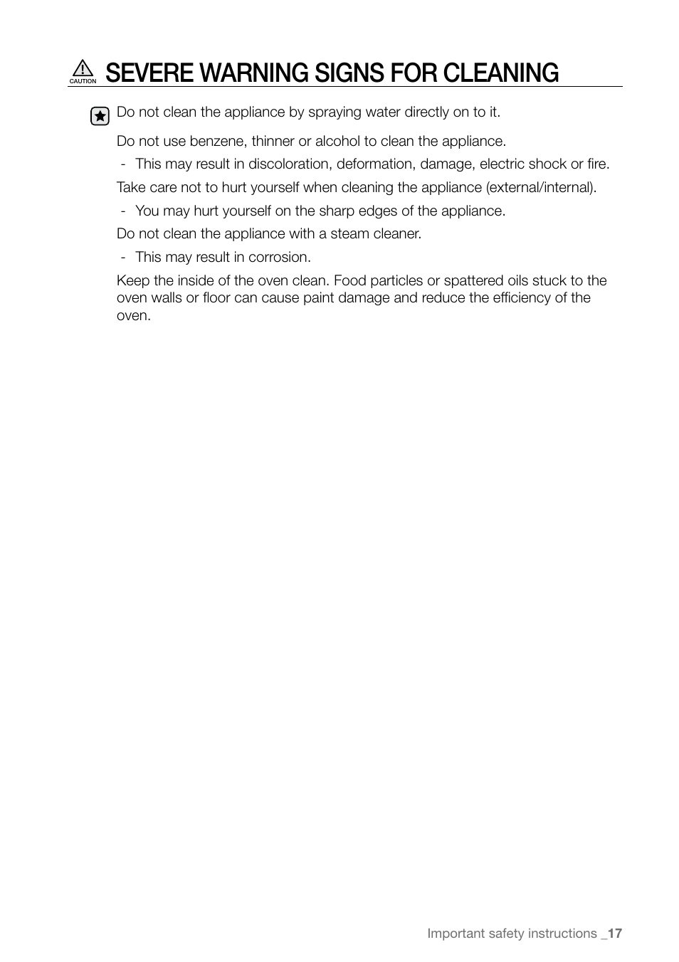 Severe warning signs for cleaning | Samsung FE-N300WX-XAA User Manual | Page 17 / 72