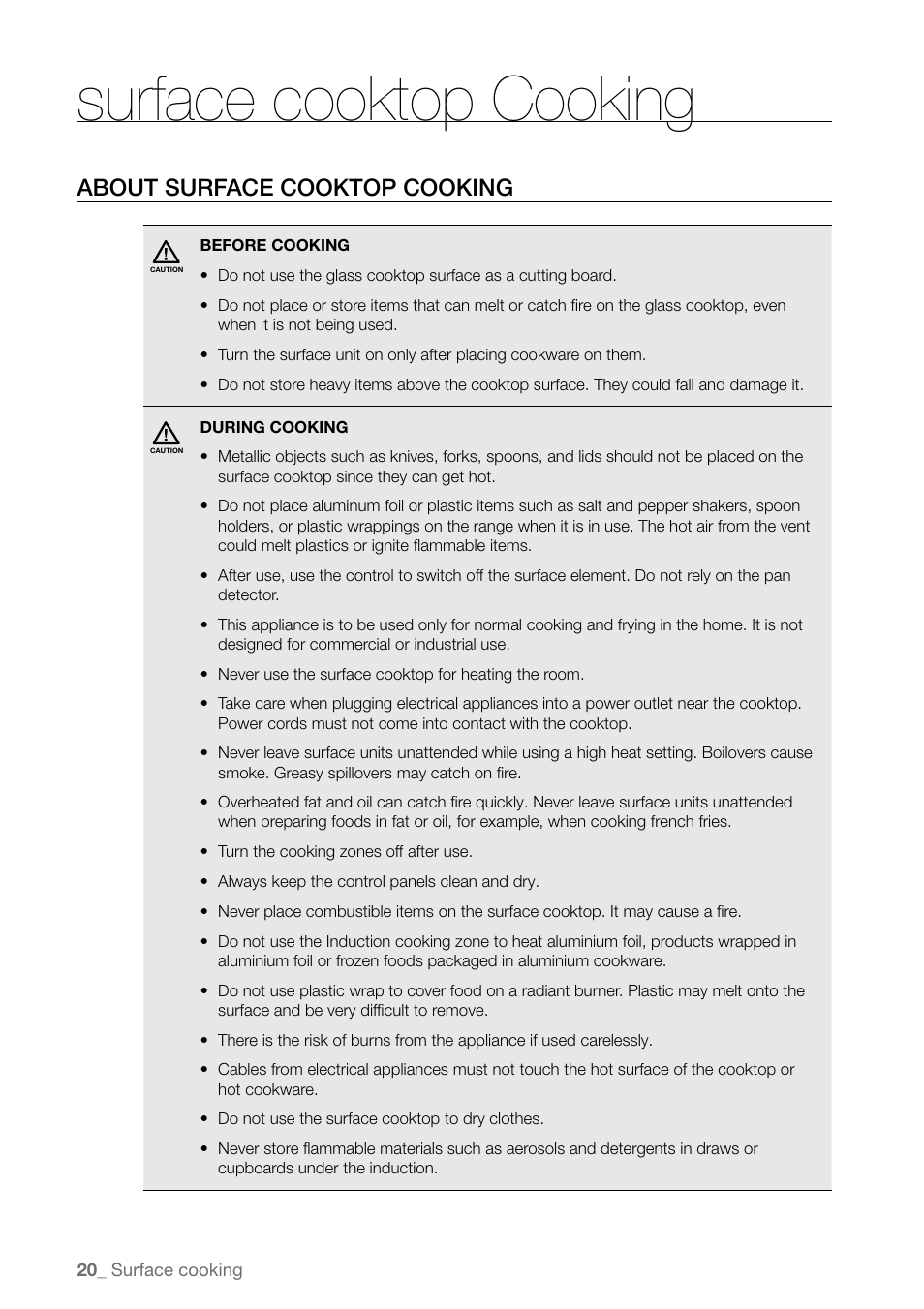 Surface cooktop cooking, About surface cooktop cooking | Samsung FE-N300WX-XAA User Manual | Page 20 / 72