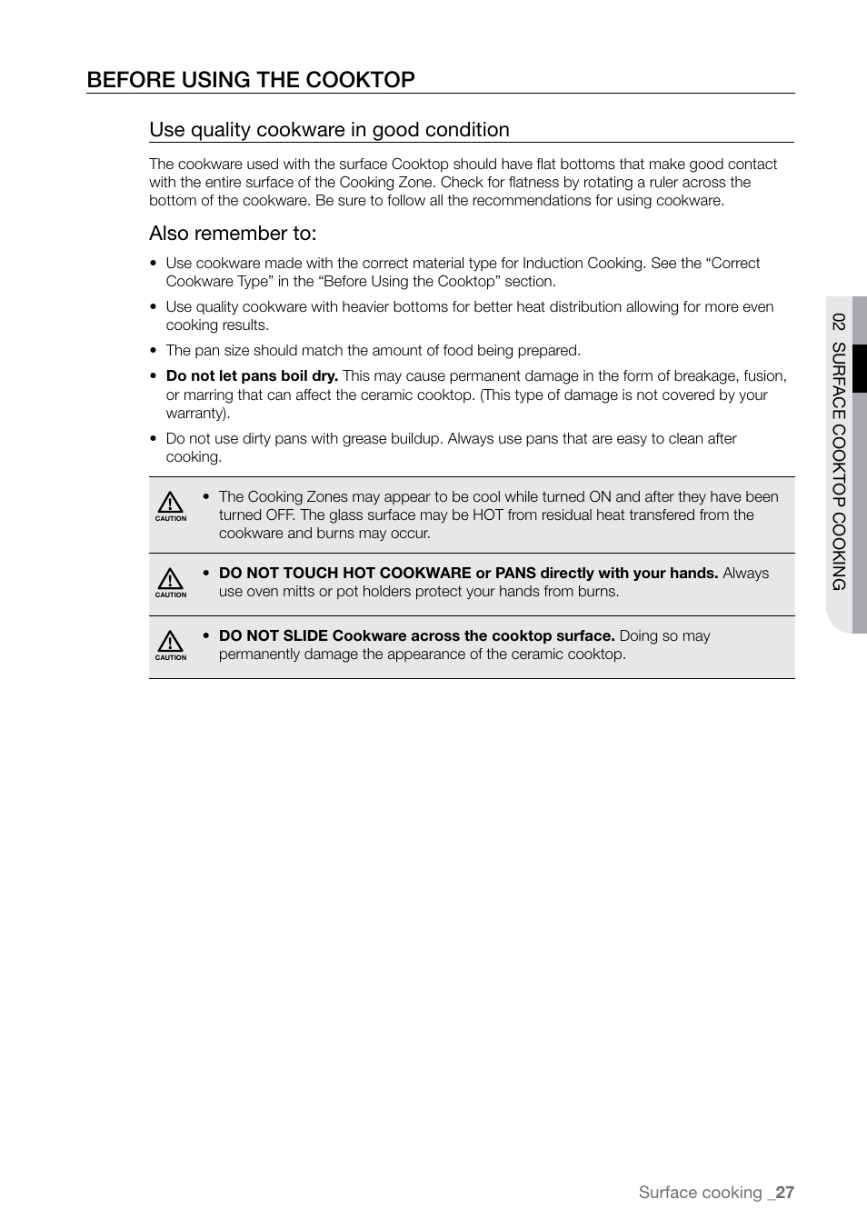 Before using the cooktop, Use quality cookware in good condition, Also remember to | Samsung FE-N300WX-XAA User Manual | Page 27 / 72