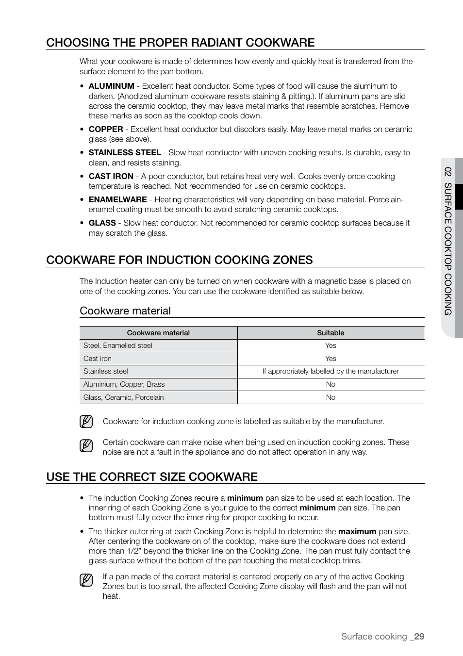 Choosing the proper radiant cookware, Cookware for induction cooking zones, Use the correct size cookware | Cookware material | Samsung FE-N300WX-XAA User Manual | Page 29 / 72