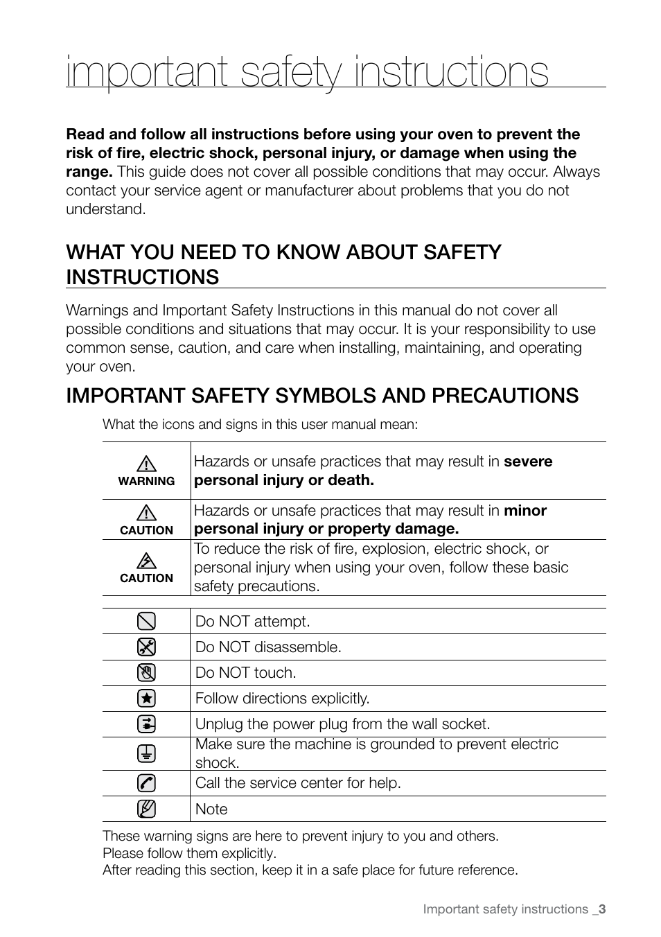 Important safety instructions, What you need to know about safety instructions, Important safety symbols and precautions | Samsung FE-N300WX-XAA User Manual | Page 3 / 72