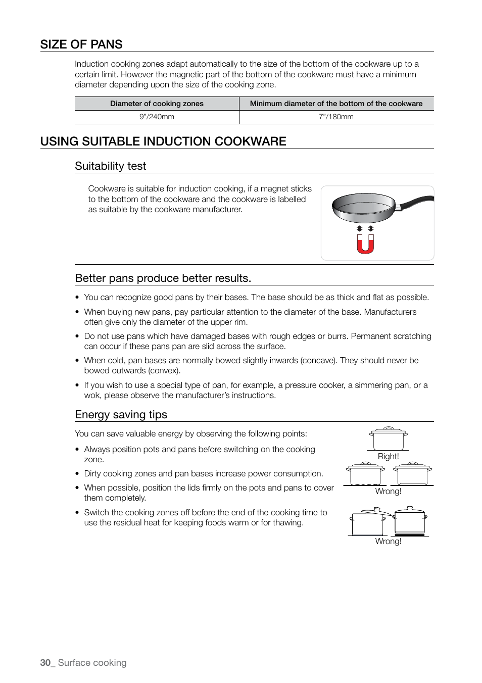 Size of pans, Using suitable induction cookware, Suitability test | Better pans produce better results, Energy saving tips | Samsung FE-N300WX-XAA User Manual | Page 30 / 72