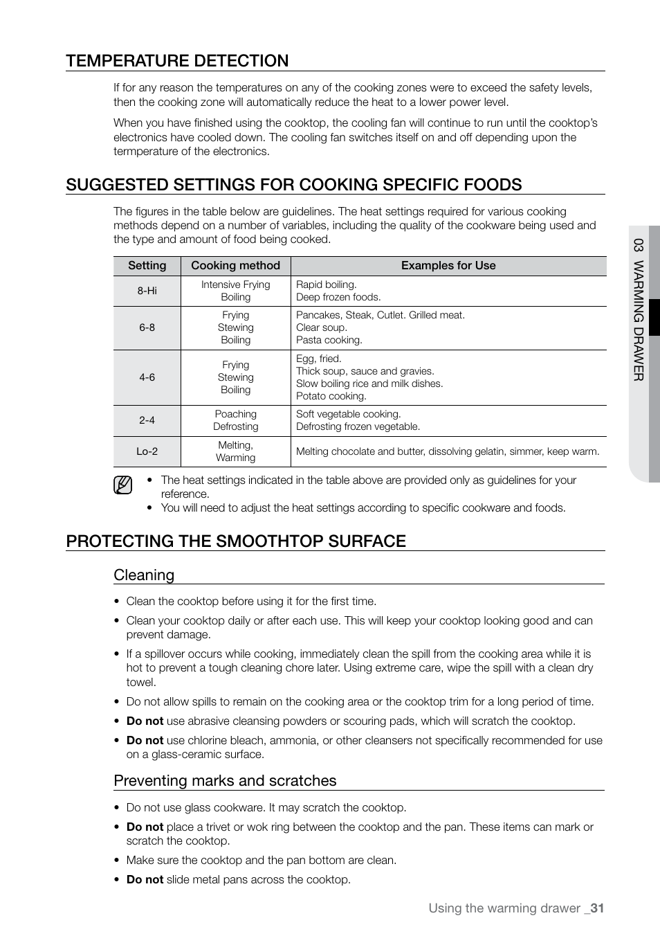 Temperature detection, Suggested settings for cooking specific foods, Protecting the smoothtop surface | Cleaning, Preventing marks and scratches | Samsung FE-N300WX-XAA User Manual | Page 31 / 72