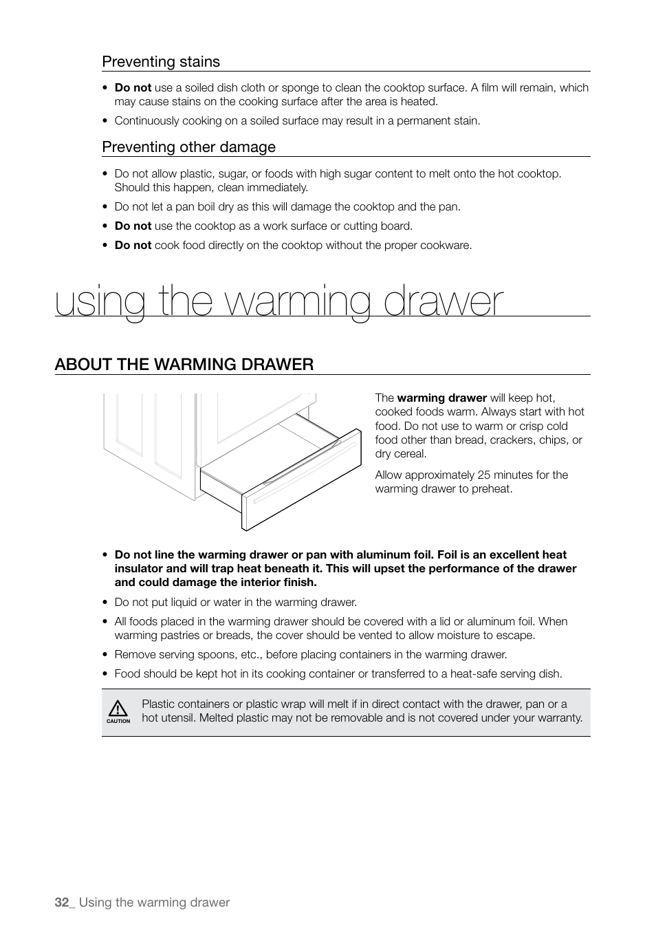 Using the warming drawer, About the warming drawer, Preventing stains | Preventing other damage | Samsung FE-N300WX-XAA User Manual | Page 32 / 72