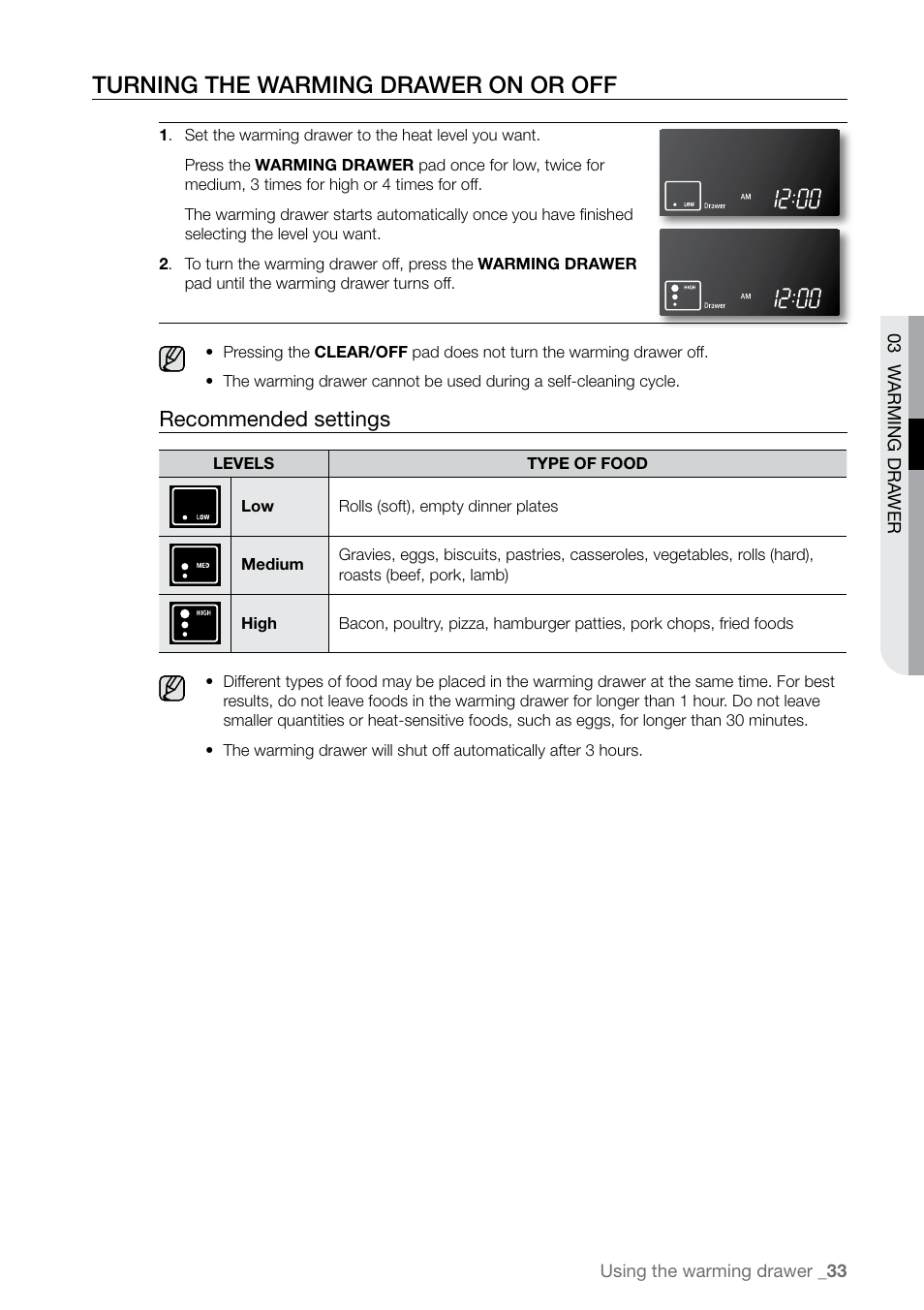 Turning the warming drawer on or off, Recommended settings | Samsung FE-N300WX-XAA User Manual | Page 33 / 72