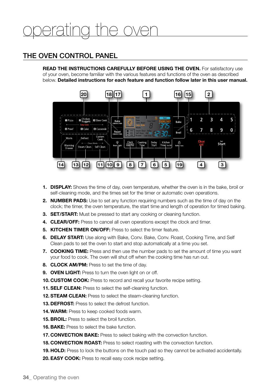 Operating the oven, The oven control panel | Samsung FE-N300WX-XAA User Manual | Page 34 / 72