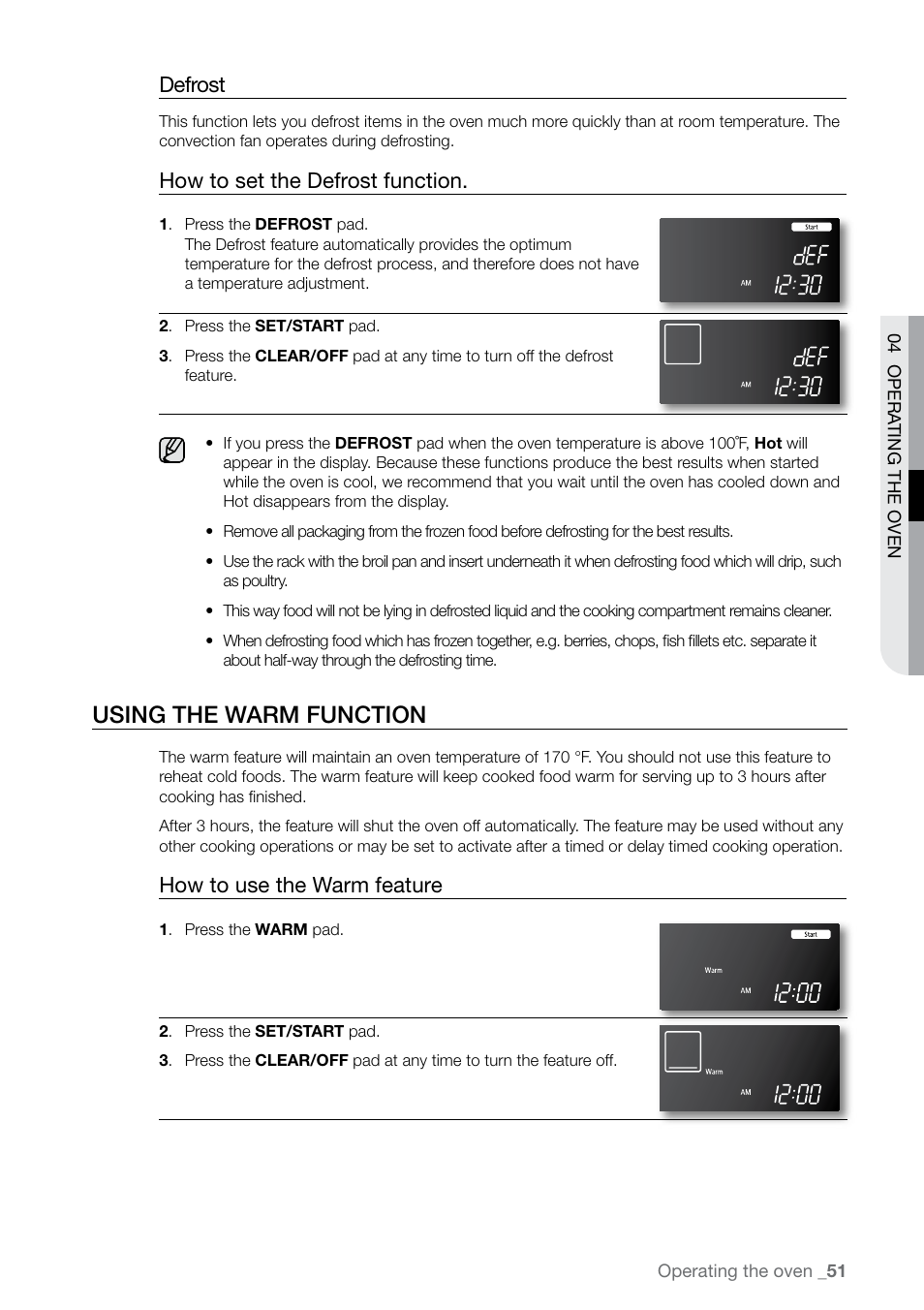 Using the warm function, Defrost, How to set the defrost function | How to use the warm feature | Samsung FE-N300WX-XAA User Manual | Page 51 / 72