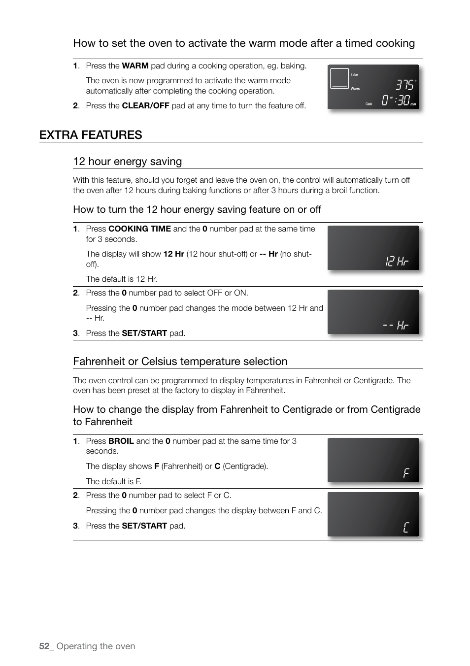 Extra features, 12 hour energy saving, Fahrenheit or celsius temperature selection | Samsung FE-N300WX-XAA User Manual | Page 52 / 72