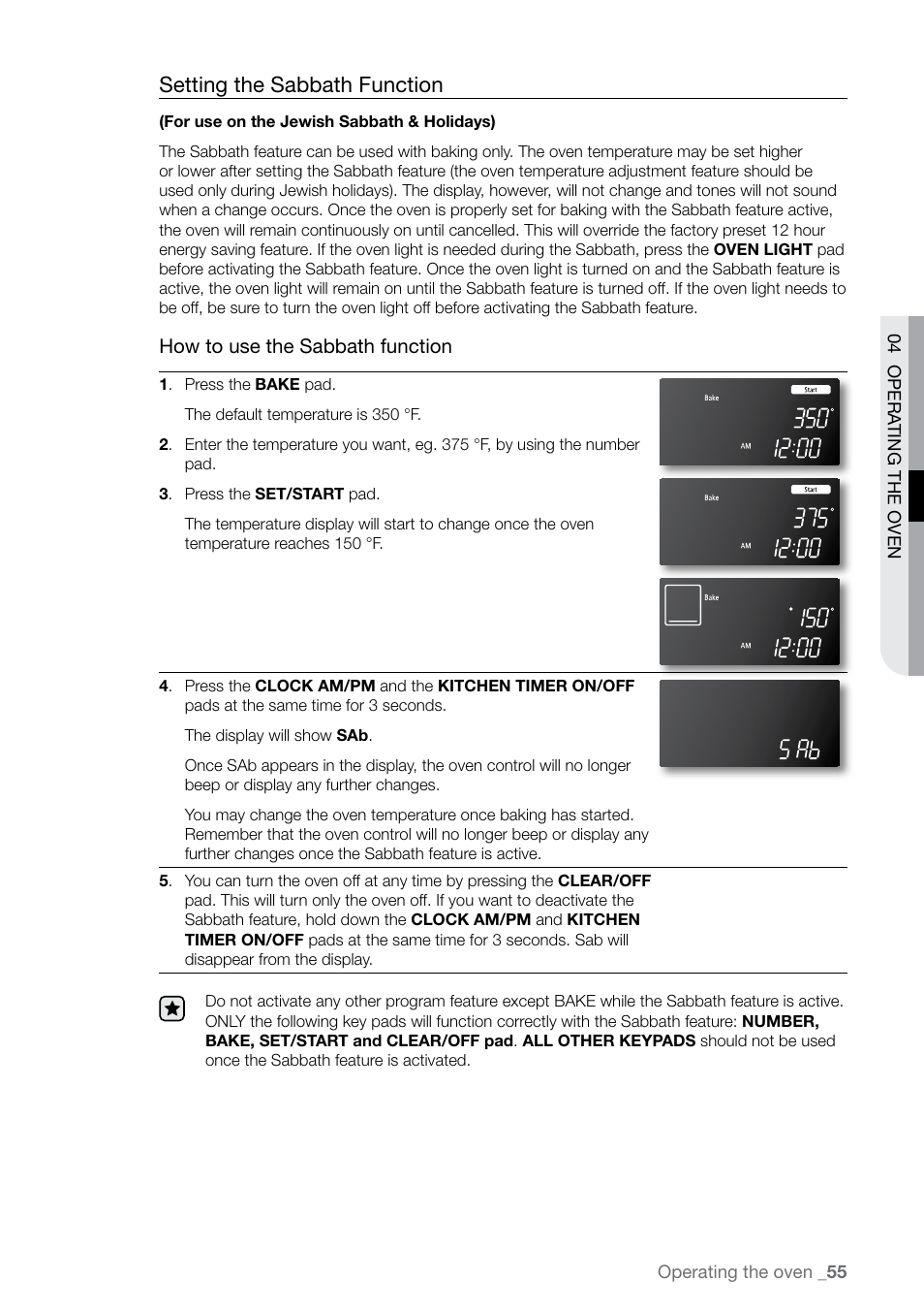 Setting the sabbath function | Samsung FE-N300WX-XAA User Manual | Page 55 / 72