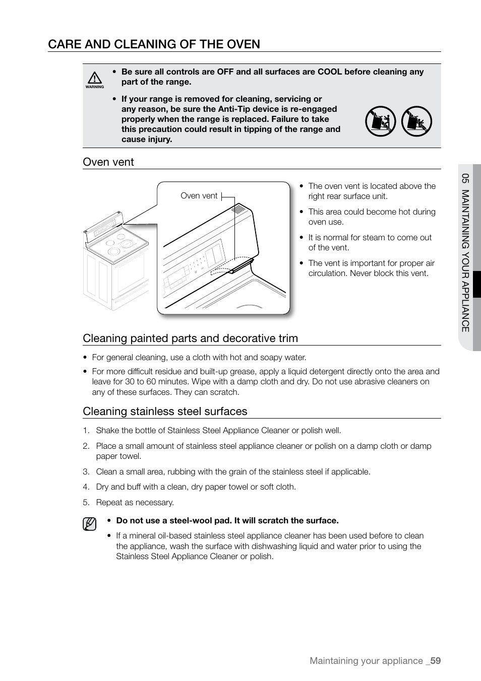 Care and cleaning of the oven, Oven vent, Cleaning painted parts and decorative trim | Cleaning stainless steel surfaces | Samsung FE-N300WX-XAA User Manual | Page 59 / 72