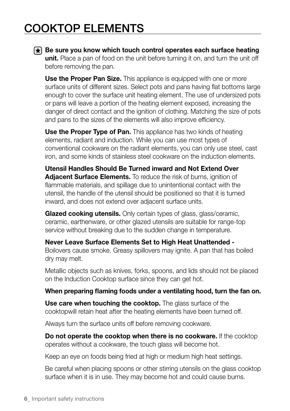 Cooktop elements | Samsung FE-N300WX-XAA User Manual | Page 6 / 72