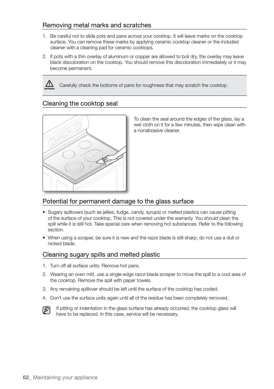 Removing metal marks and scratches, Cleaning the cooktop seal, Cleaning sugary spills and melted plastic | Samsung FE-N300WX-XAA User Manual | Page 62 / 72