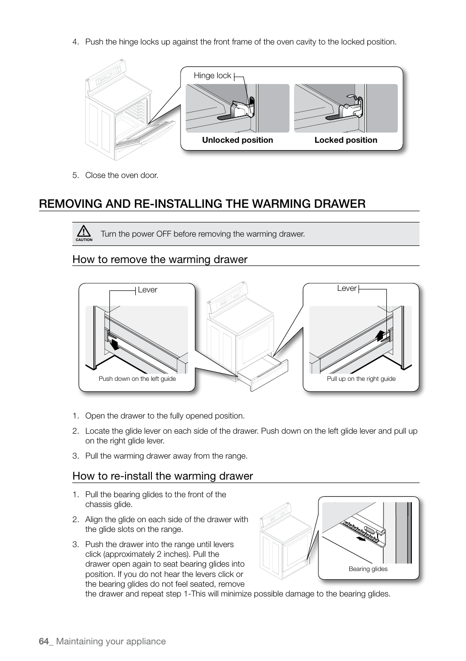 Removing and re-installing the warming drawer, How to remove the warming drawer, How to re-install the warming drawer | Samsung FE-N300WX-XAA User Manual | Page 64 / 72