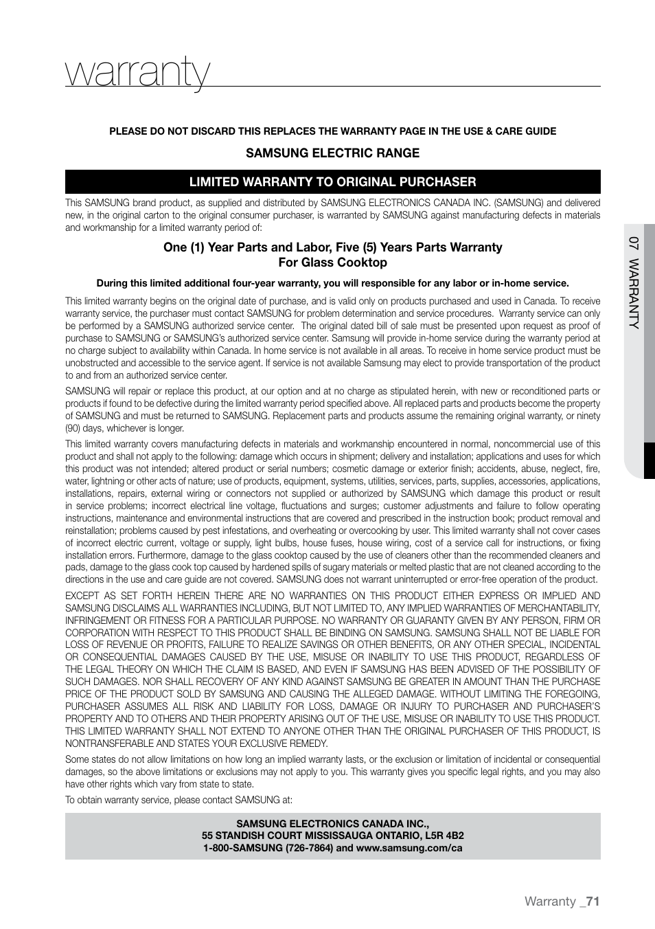 Warranty | Samsung FE-N300WX-XAA User Manual | Page 71 / 72