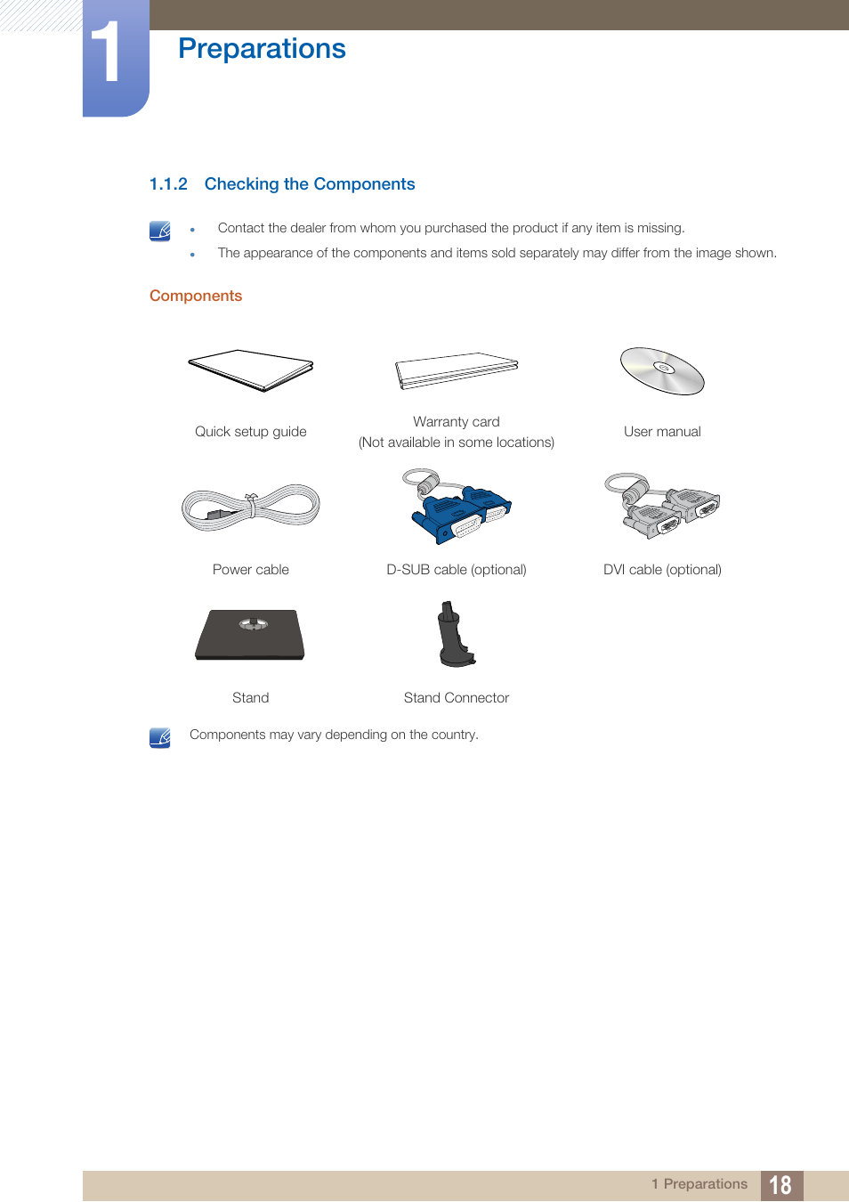 2 checking the components, Checking the components, Preparations | Samsung LS22C20KNY-ZA User Manual | Page 18 / 111