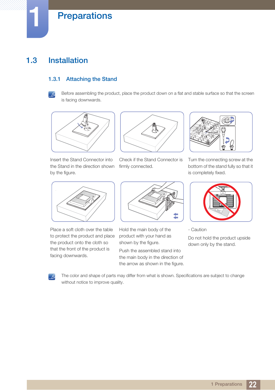 3 installation, 1 attaching the stand, Installation | Attaching the stand, Preparations | Samsung LS22C20KNY-ZA User Manual | Page 22 / 111