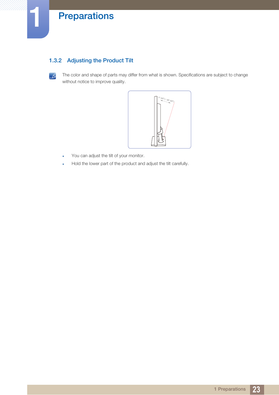 2 adjusting the product tilt, Adjusting the product tilt, Preparations | Samsung LS22C20KNY-ZA User Manual | Page 23 / 111