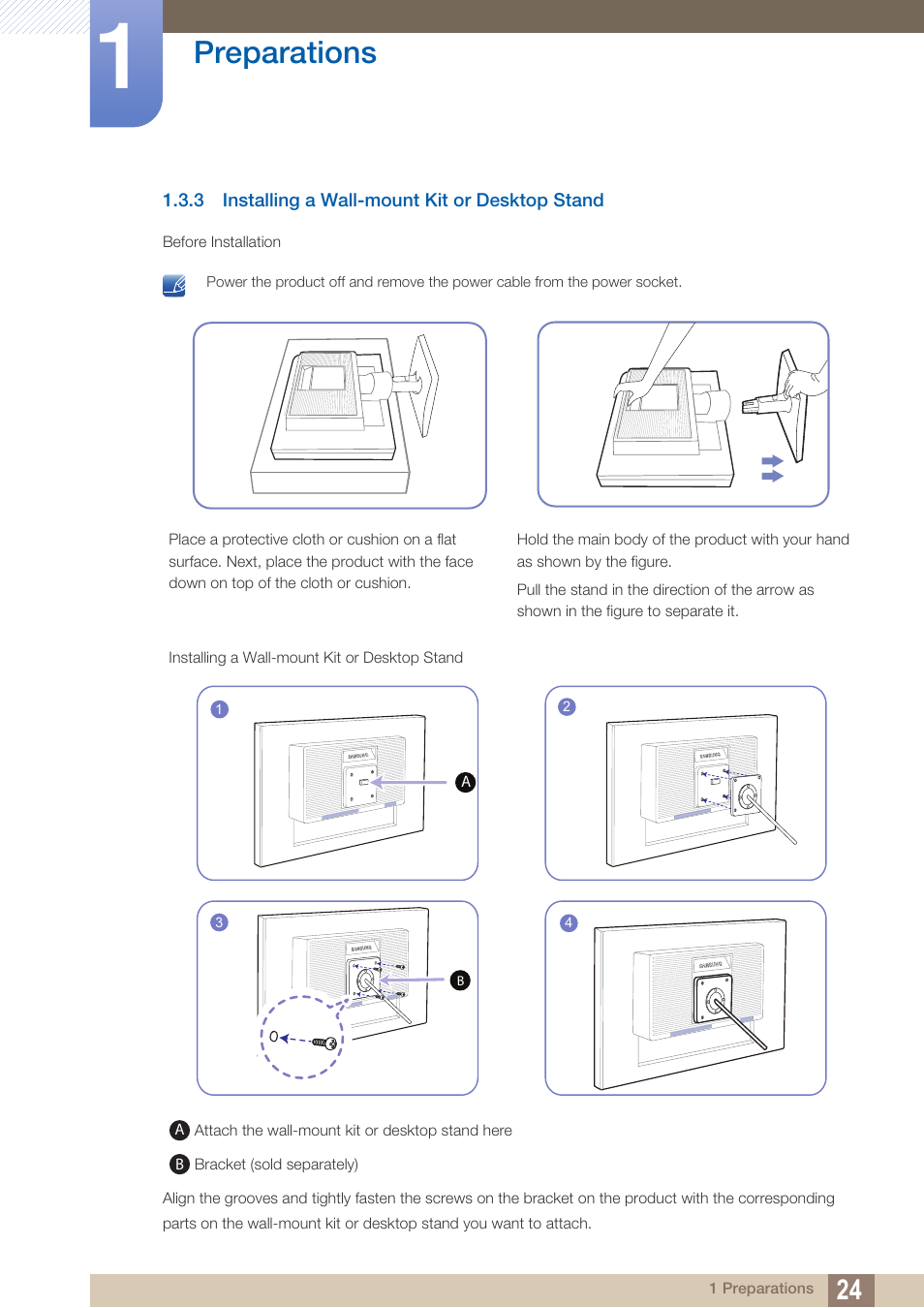 3 installing a wall-mount kit or desktop stand, Installing a wall-mount kit or desktop stand, Preparations | Samsung LS22C20KNY-ZA User Manual | Page 24 / 111