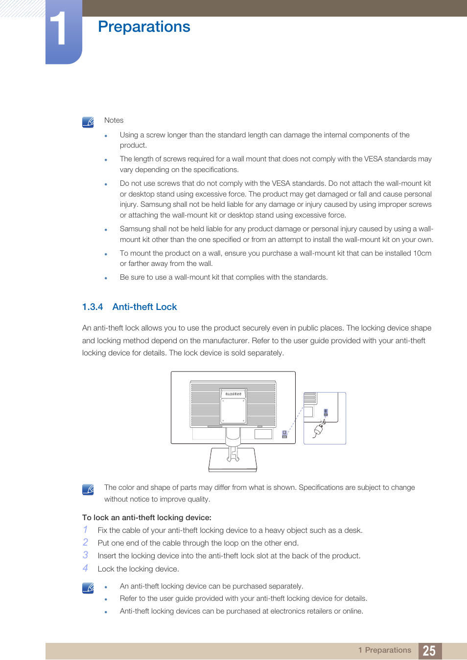 4 anti-theft lock, Anti-theft lock, Preparations | Samsung LS22C20KNY-ZA User Manual | Page 25 / 111