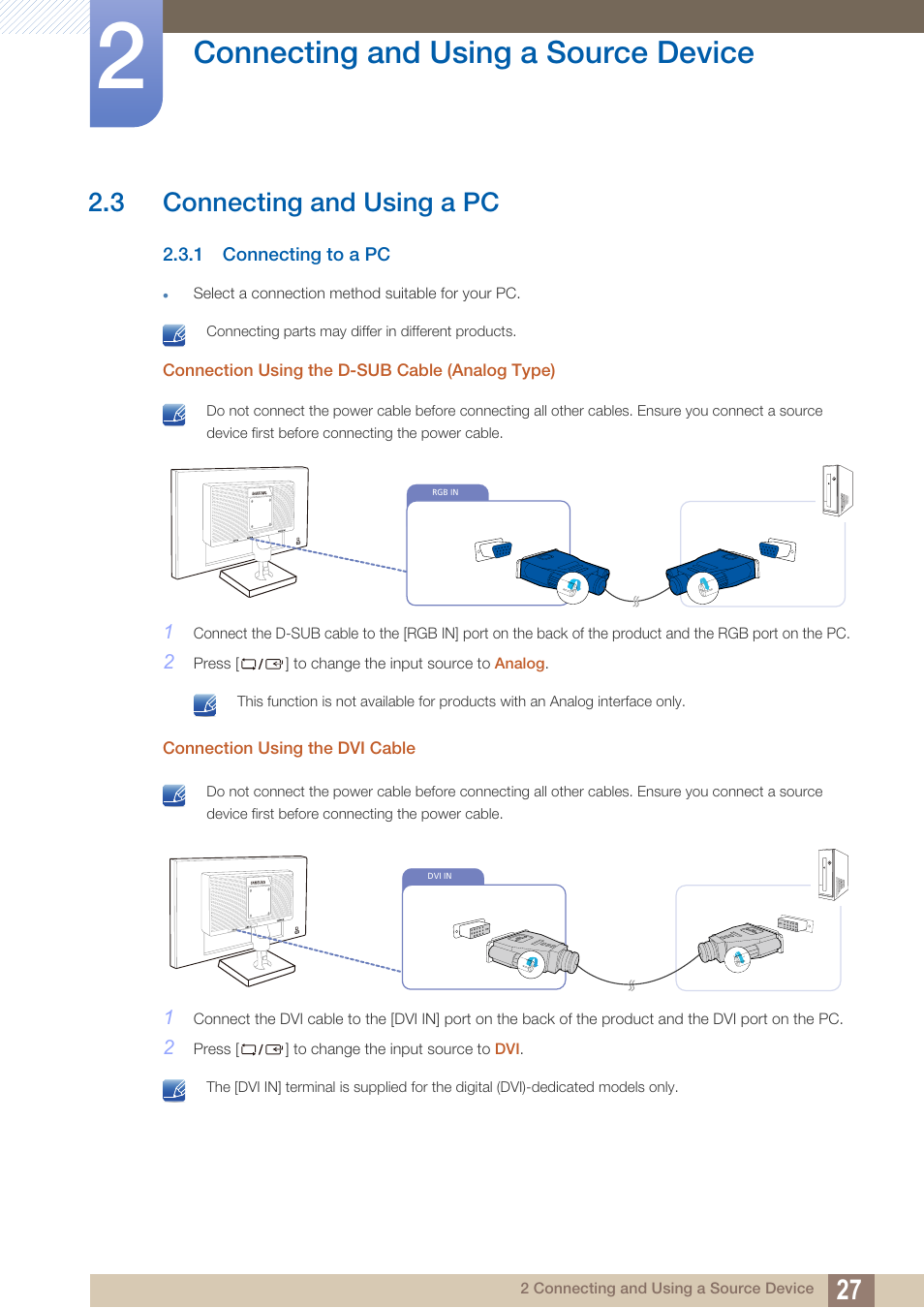 3 connecting and using a pc, 1 connecting to a pc, Connecting and using a pc | Connecting to a pc, Connecting and using a source device | Samsung LS22C20KNY-ZA User Manual | Page 27 / 111