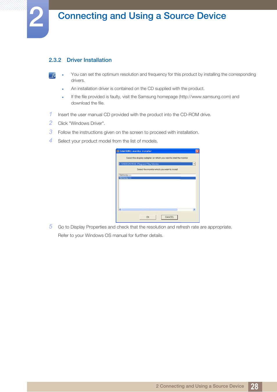 2 driver installation, Driver installation, Connecting and using a source device | Samsung LS22C20KNY-ZA User Manual | Page 28 / 111