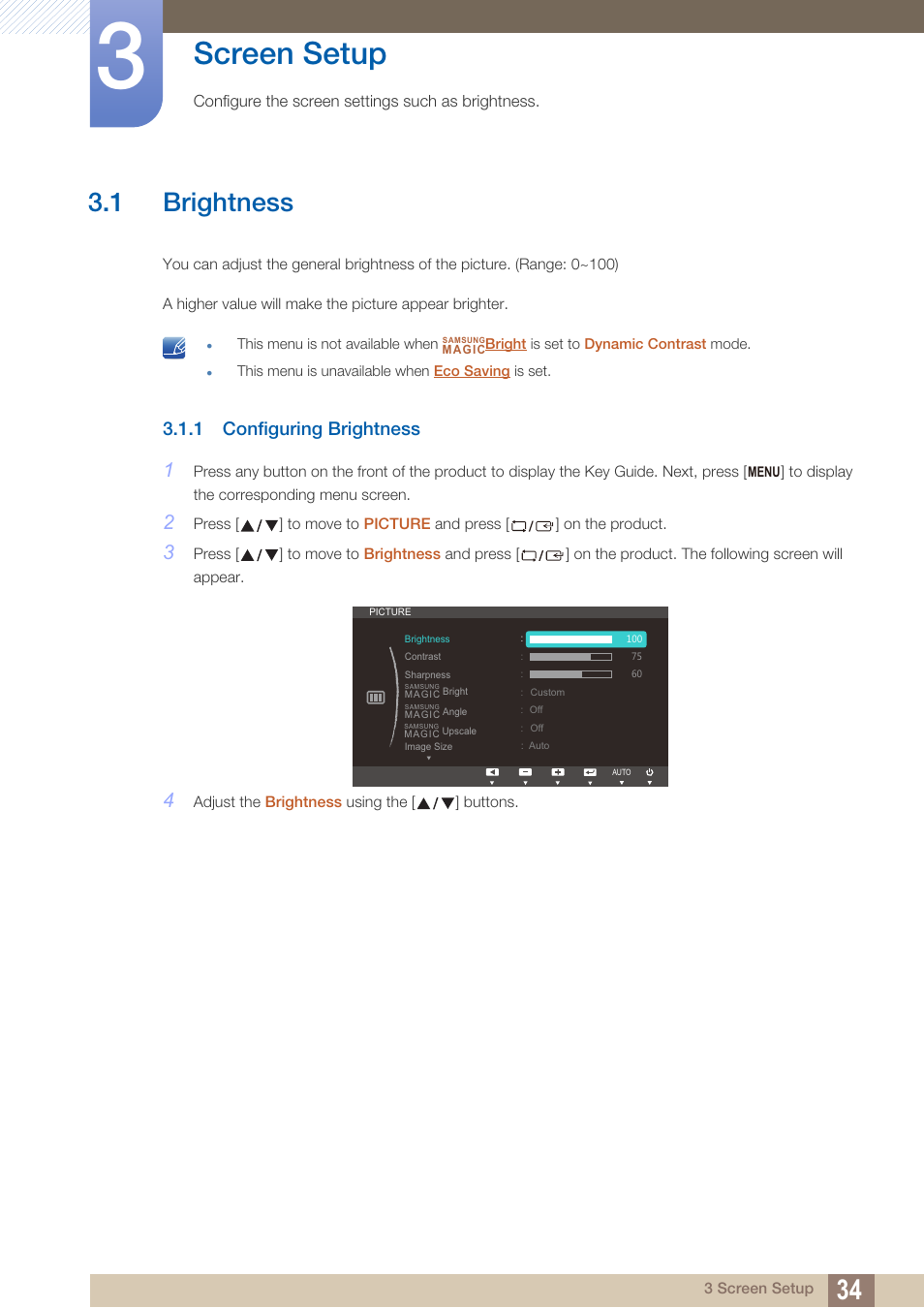 Screen setup, 1 brightness, 1 configuring brightness | Brightness, Configuring brightness | Samsung LS22C20KNY-ZA User Manual | Page 34 / 111