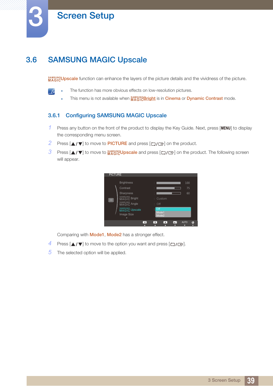 6 samsung magic upscale, 1 configuring samsung magic upscale, Samsung magic upscale | Configuring samsung magic upscale, Upscale, Samsung, Magic, Screen setup | Samsung LS22C20KNY-ZA User Manual | Page 39 / 111