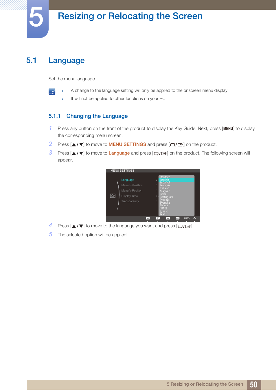 Resizing or relocating the screen, 1 language, 1 changing the language | Resizing or, Relocating the, Screen, Language, Changing the language | Samsung LS22C20KNY-ZA User Manual | Page 50 / 111