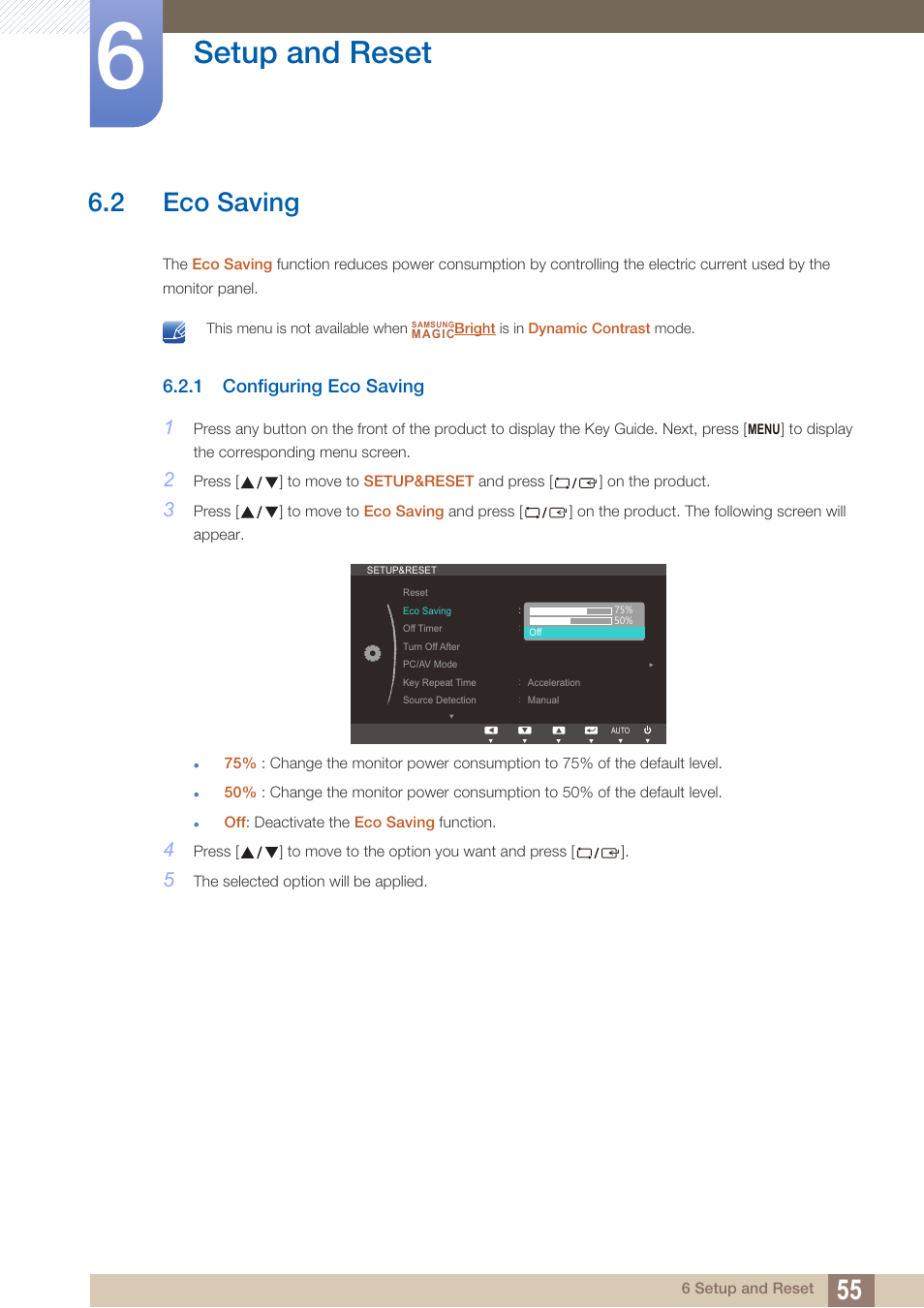 2 eco saving, 1 configuring eco saving, Eco saving | Configuring eco saving, Setup and reset | Samsung LS22C20KNY-ZA User Manual | Page 55 / 111
