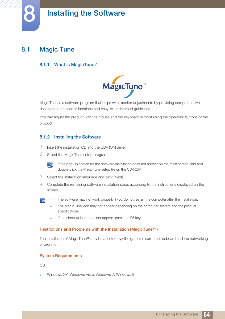 Installing the software, 1 magic tune, 1 what is magictune | 2 installing the software, Installing the, Software, Magic tune, What is magictune | Samsung LS22C20KNY-ZA User Manual | Page 64 / 111