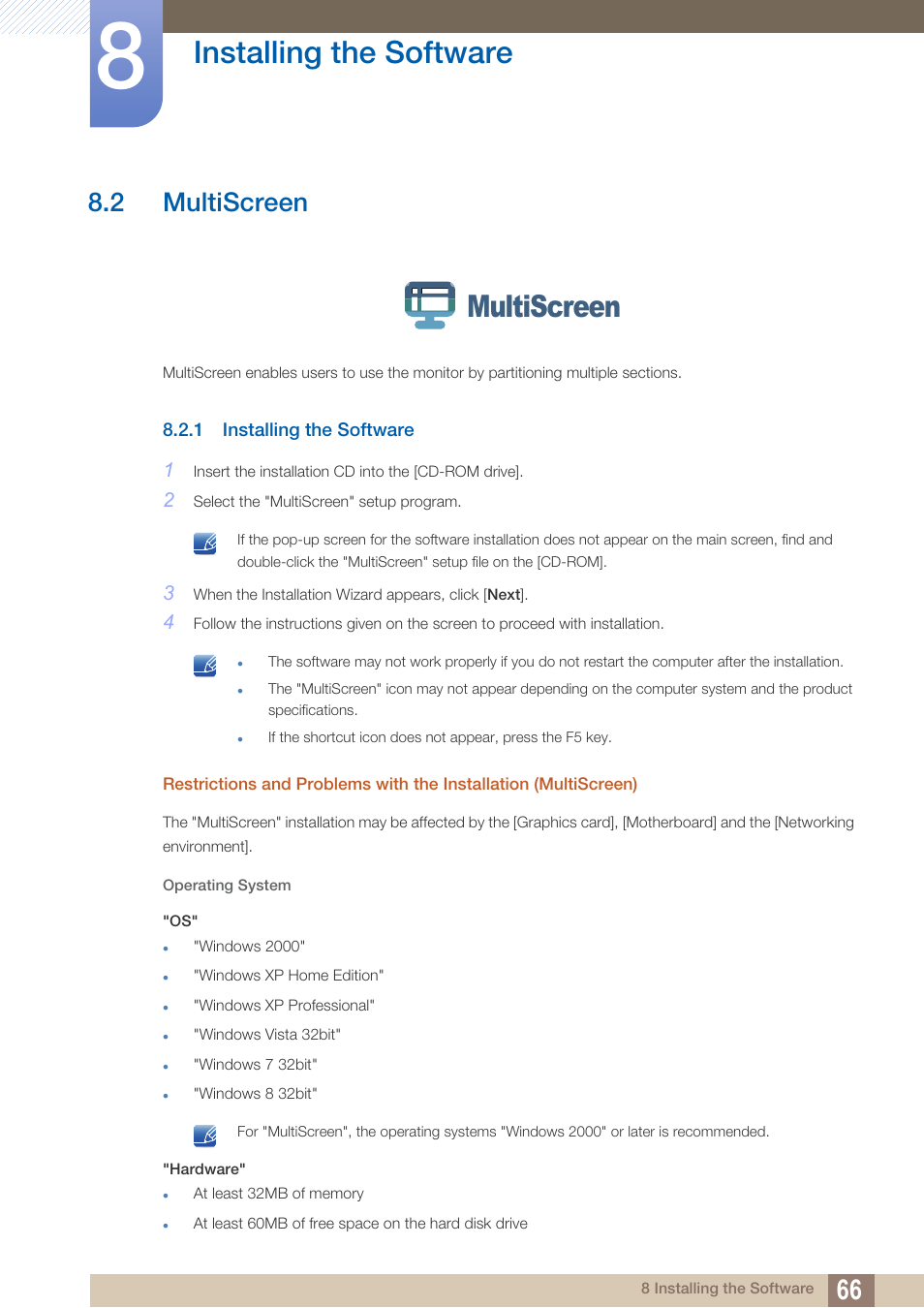 2 multiscreen, 1 installing the software, Multiscreen | Installing the software | Samsung LS22C20KNY-ZA User Manual | Page 66 / 111