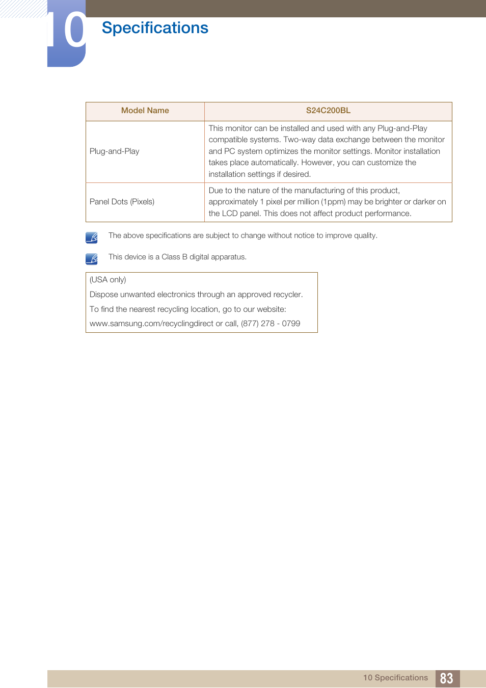 Specifications | Samsung LS22C20KNY-ZA User Manual | Page 83 / 111