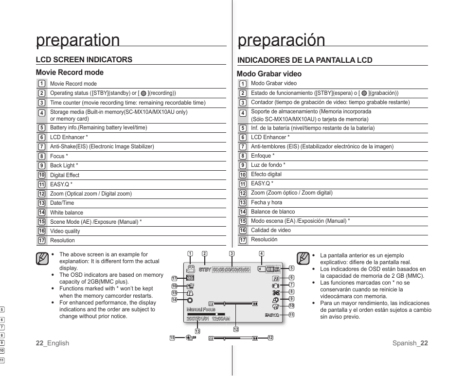 Preparation preparación, Movie record mode, Lcd screen indicators | Indicadores de la pantalla lcd modo grabar video | Samsung SC-MX10A-XAP User Manual | Page 28 / 101