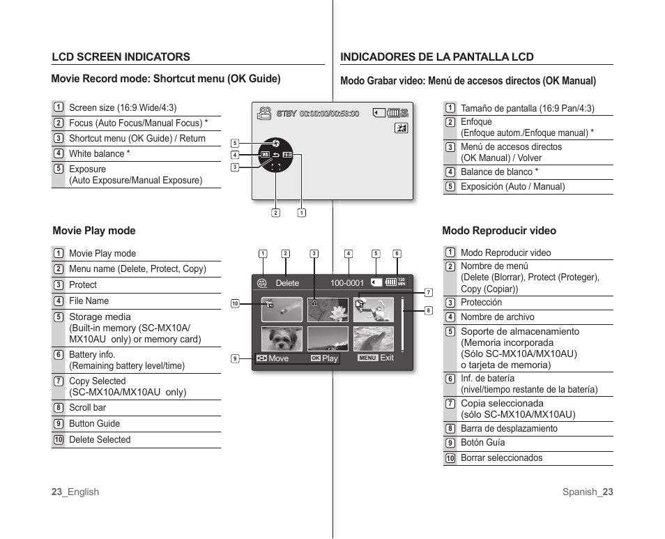 Lcd screen indicators, Movie record mode: shortcut menu (ok guide), Movie play mode indicadores de la pantalla lcd | Modo reproducir video | Samsung SC-MX10A-XAP User Manual | Page 29 / 101