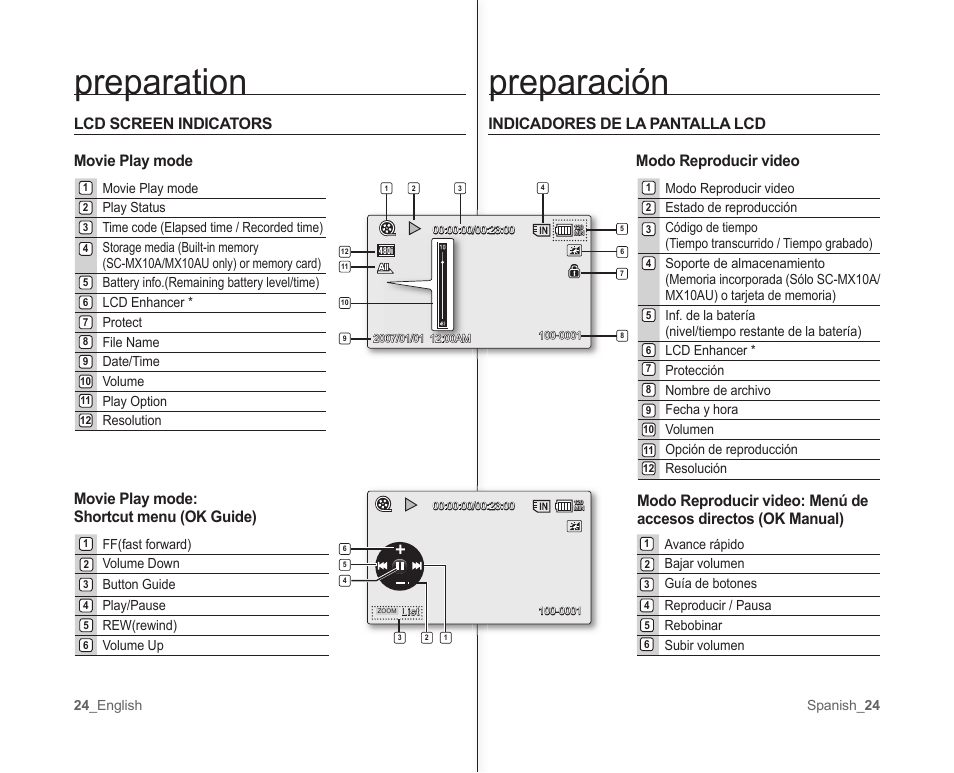 Preparation, Preparación, Lcd screen indicators movie play mode | Movie play mode: shortcut menu (ok guide), Indicadores de la pantalla lcd, Modo reproducir video | Samsung SC-MX10A-XAP User Manual | Page 30 / 101