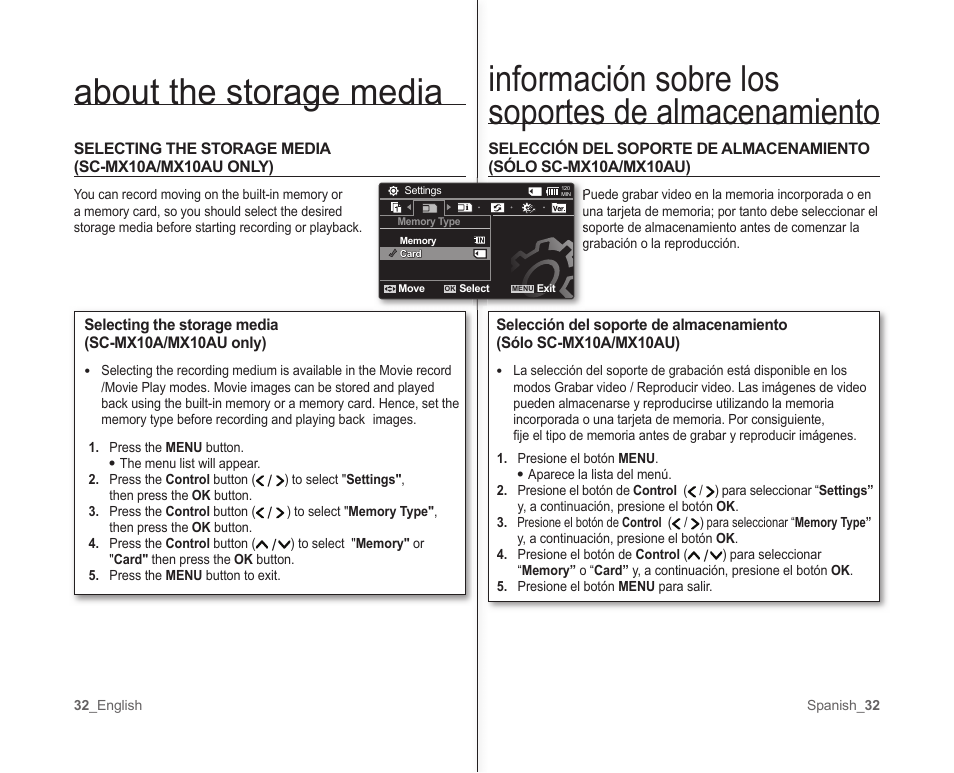 Información sobre los soportes de almacenamiento, About the storage media | Samsung SC-MX10A-XAP User Manual | Page 38 / 101