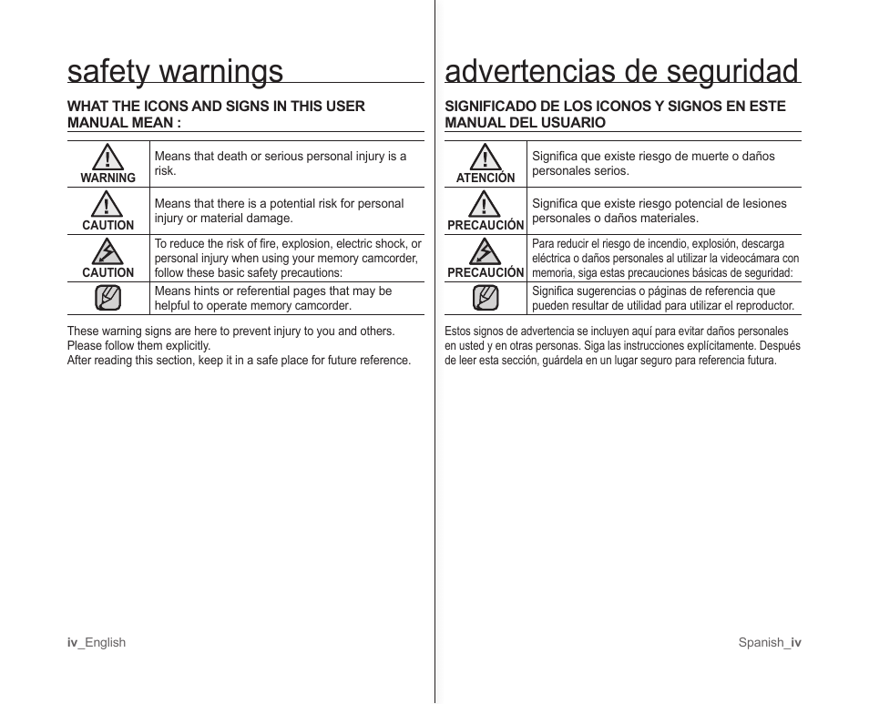 Advertencias de seguridad, Safety warnings | Samsung SC-MX10A-XAP User Manual | Page 4 / 101