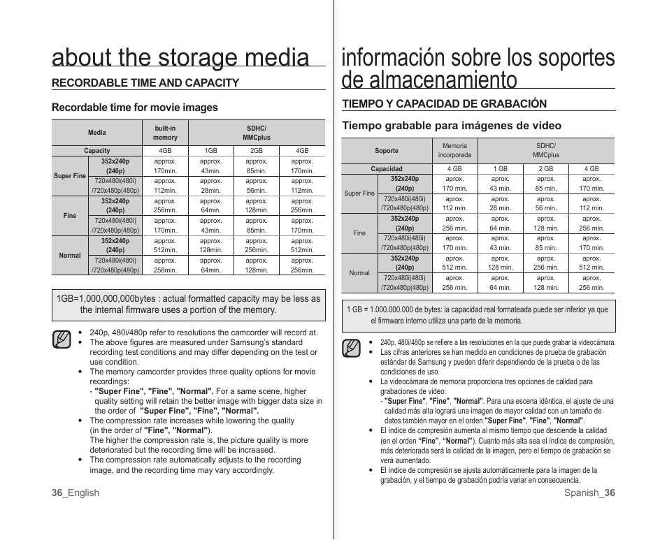 Información sobre los soportes de almacenamiento, About the storage media | Samsung SC-MX10A-XAP User Manual | Page 42 / 101