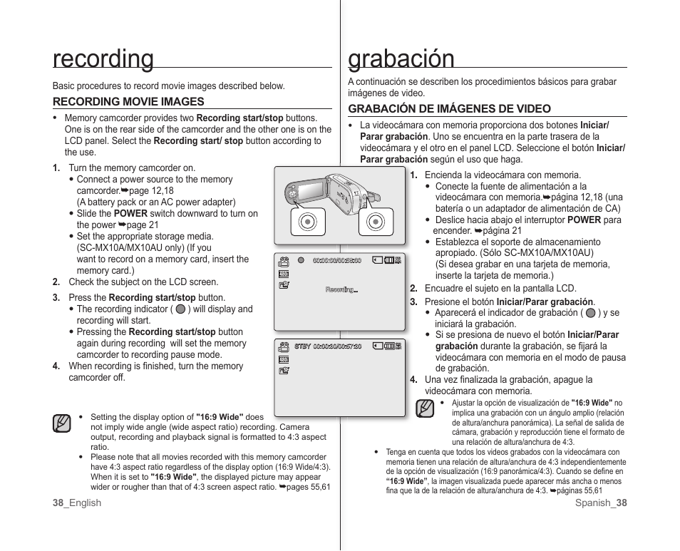 Grabación, Recording | Samsung SC-MX10A-XAP User Manual | Page 44 / 101