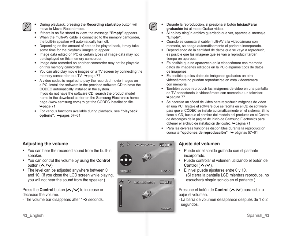 Ajuste del volumen, Adjusting the volume | Samsung SC-MX10A-XAP User Manual | Page 49 / 101