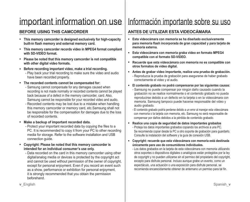 Important information on use, Información importante sobre su uso | Samsung SC-MX10A-XAP User Manual | Page 5 / 101