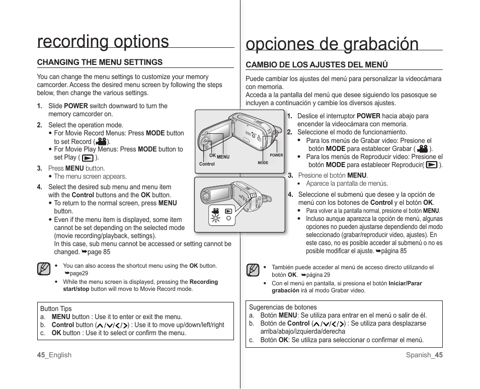 Opciones de grabación, Recording options | Samsung SC-MX10A-XAP User Manual | Page 51 / 101