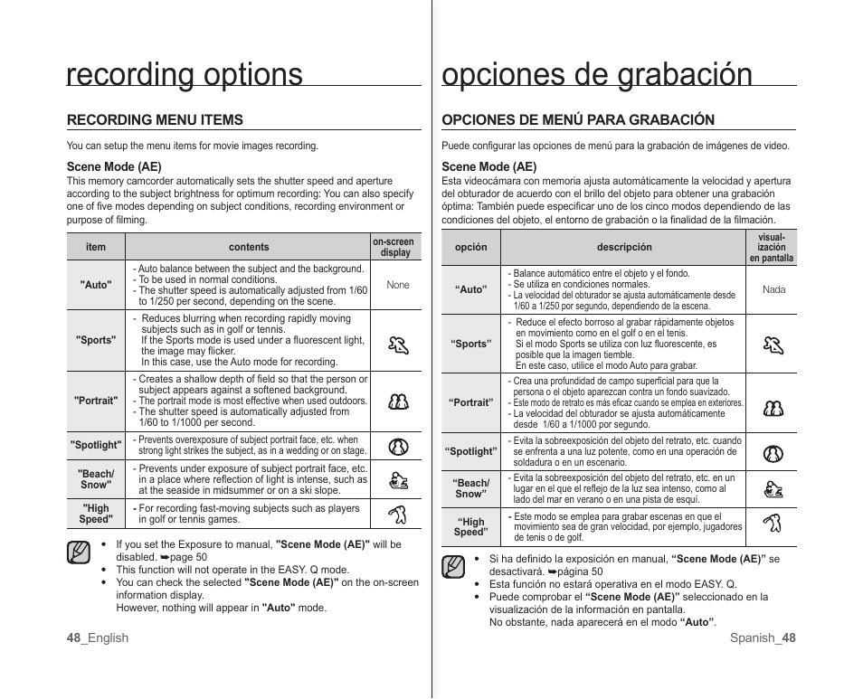 Opciones de grabación, Recording options, Opciones de menú para grabación | Recording menu items | Samsung SC-MX10A-XAP User Manual | Page 54 / 101