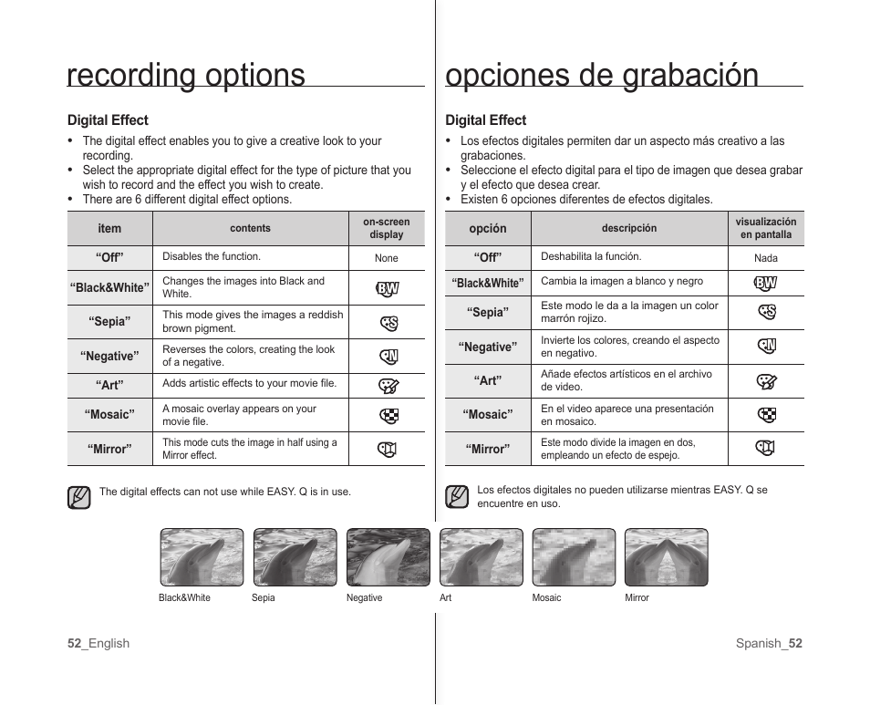 Opciones de grabación, Recording options | Samsung SC-MX10A-XAP User Manual | Page 58 / 101