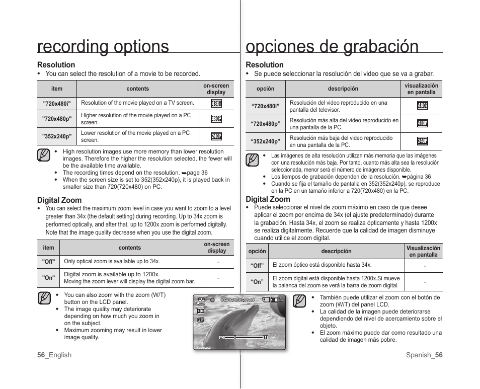 Opciones de grabación, Recording options | Samsung SC-MX10A-XAP User Manual | Page 62 / 101