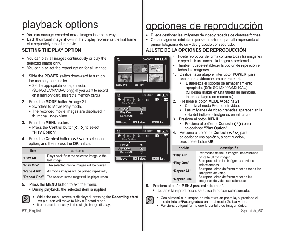 Opciones de reproducción, Playback options, Ajuste de la opciones de reproducción | Setting the play option | Samsung SC-MX10A-XAP User Manual | Page 63 / 101