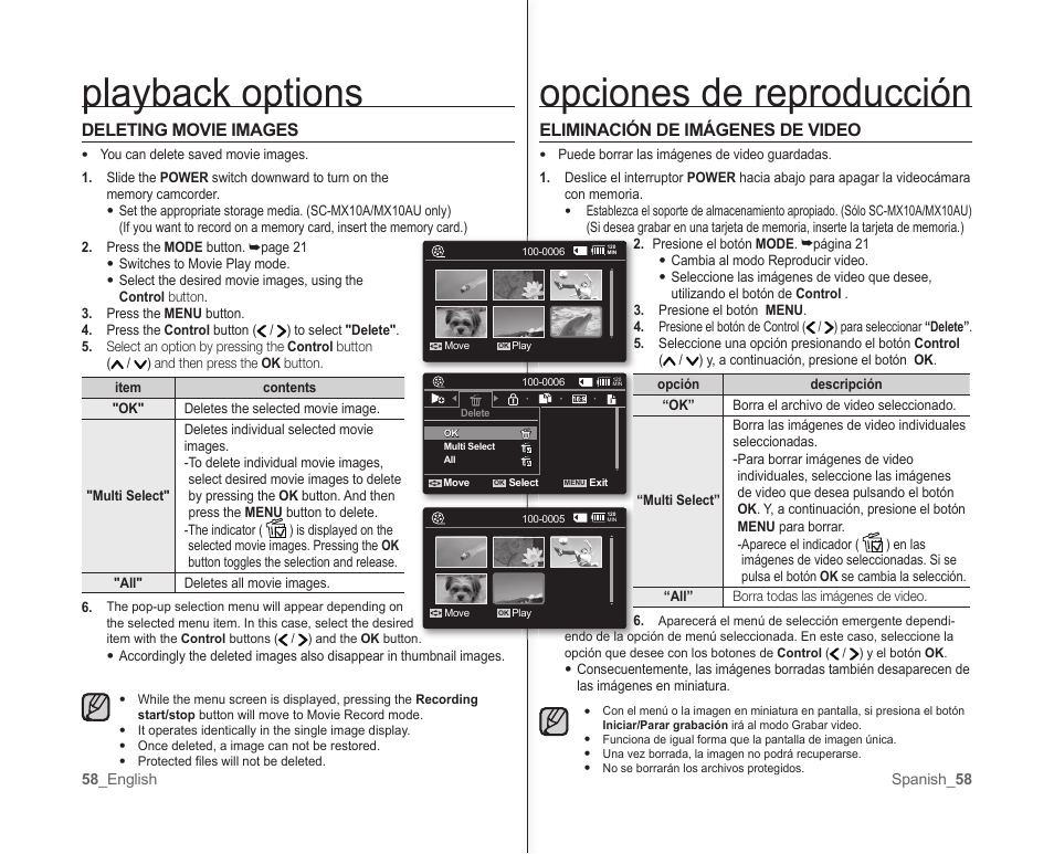 Opciones de reproducción, Playback options, Eliminación de imágenes de video | Deleting movie images | Samsung SC-MX10A-XAP User Manual | Page 64 / 101