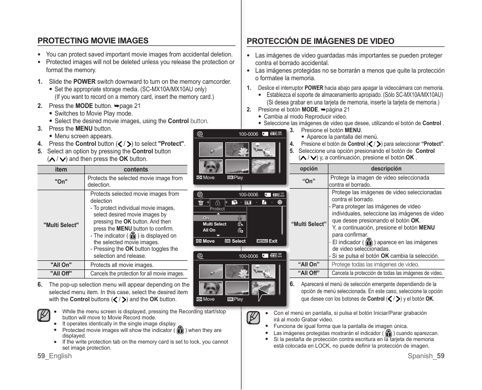 Protección de imágenes de video, Protecting movie images | Samsung SC-MX10A-XAP User Manual | Page 65 / 101