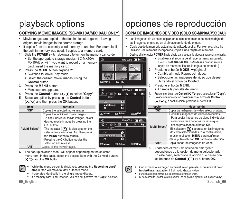 Opciones de reproducción, Playback options, Copia de imágenes de video (sólo sc-mx10a/mx10au) | Copying movie images (sc-mx10a/mx10au only) | Samsung SC-MX10A-XAP User Manual | Page 66 / 101